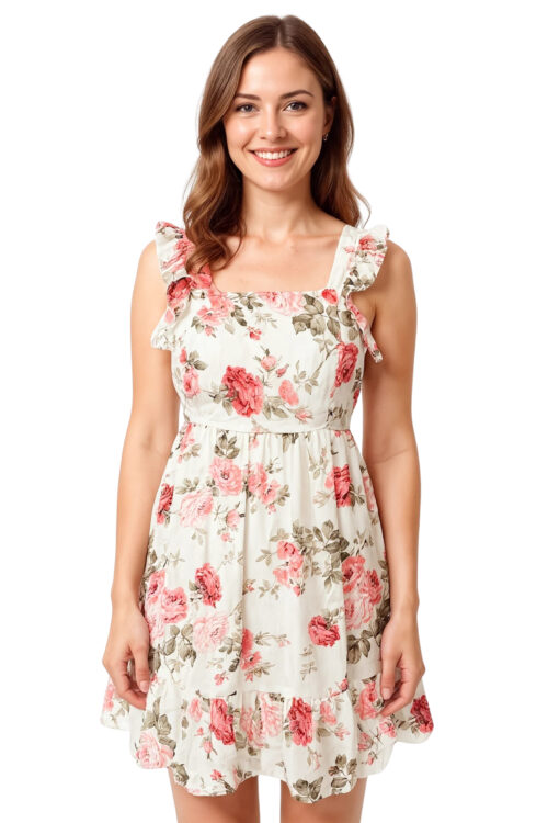 White Floral Print Ruffled Dress