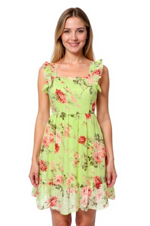 Green Floral Print Ruffled Dress