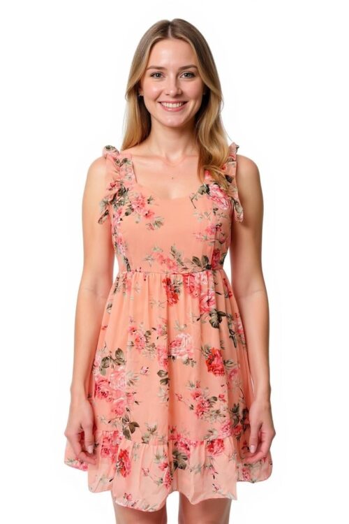 Peach Floral Print Ruffled Dress