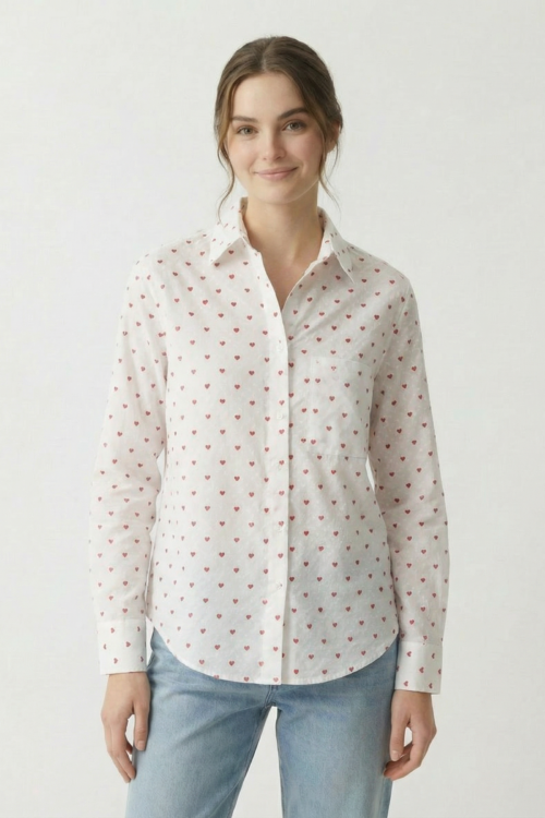 White Dobby Little Heart Print Shirt