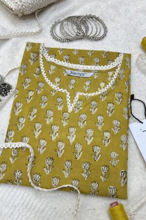 Hand Block Print Short Kurti - Yellow